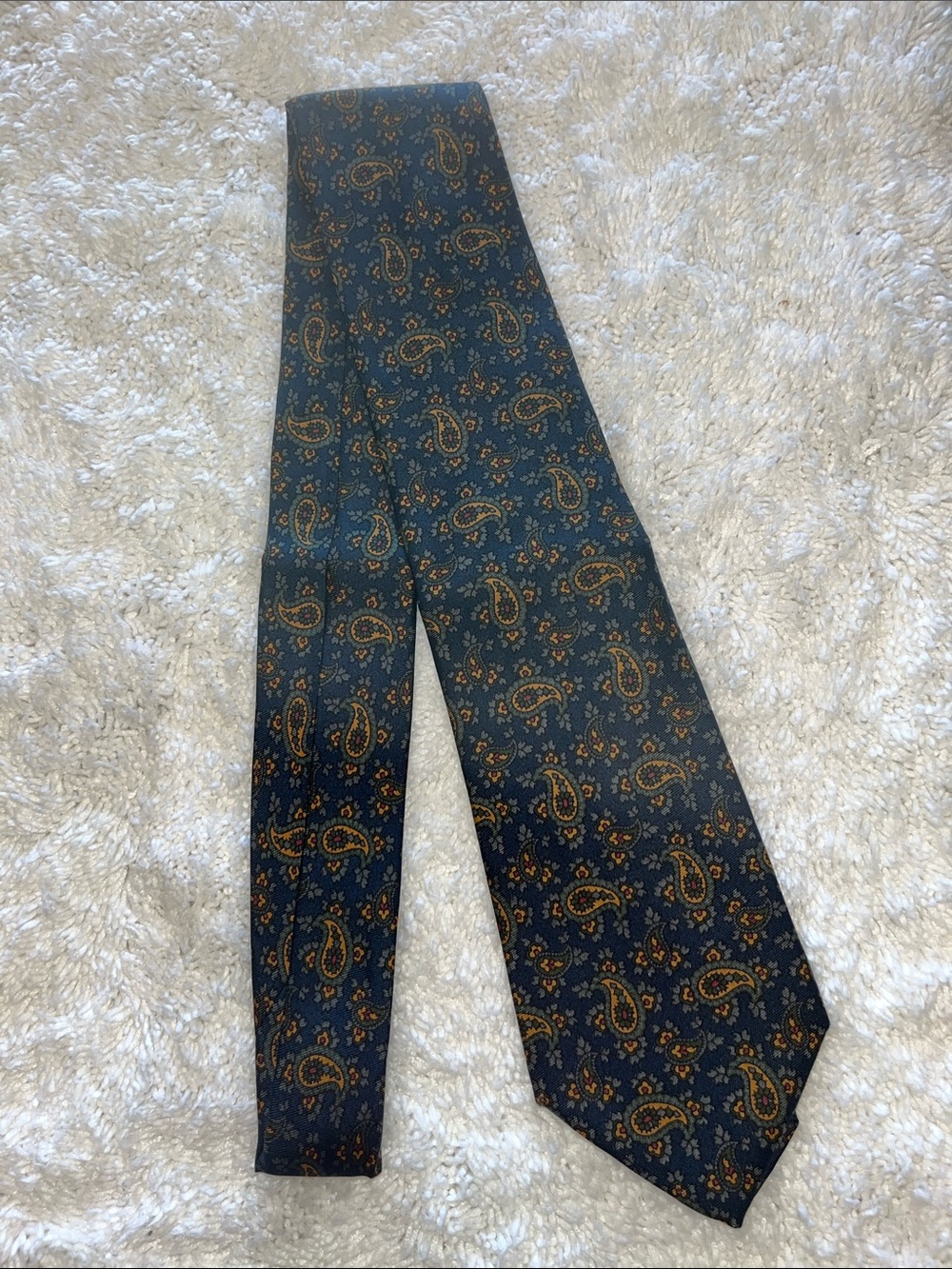 Burberry Dark Teal Paisley Silk Tie with Gold Accents